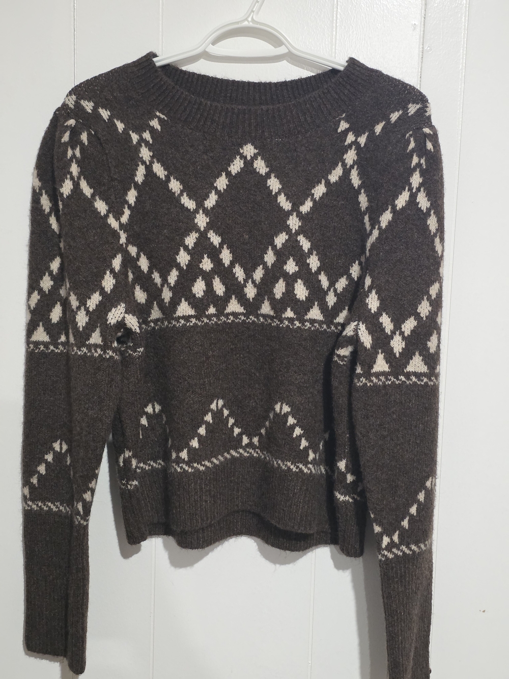 Max Studio Brown Fair Isle Crewneck Cropped Sweater